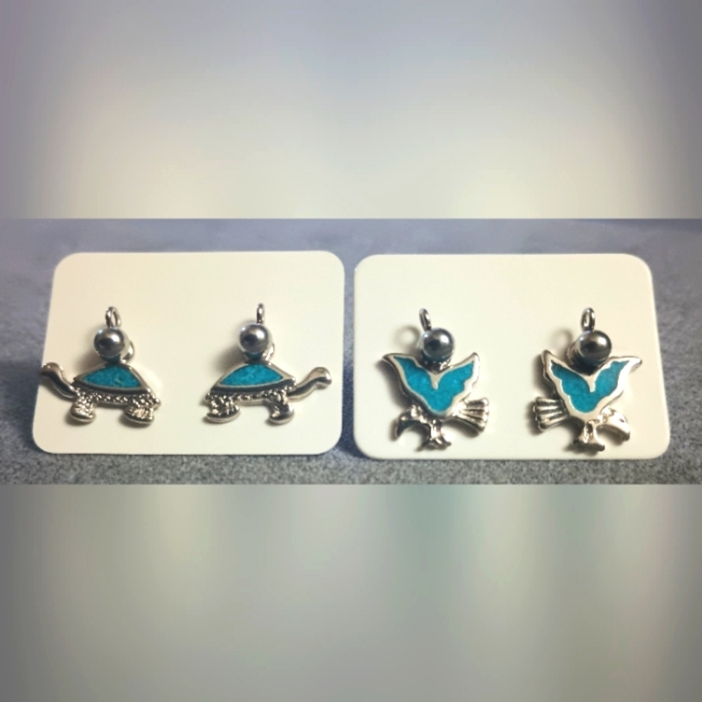 Earrings Turtle & Bird Shapes (2) Pair Silver & Blue